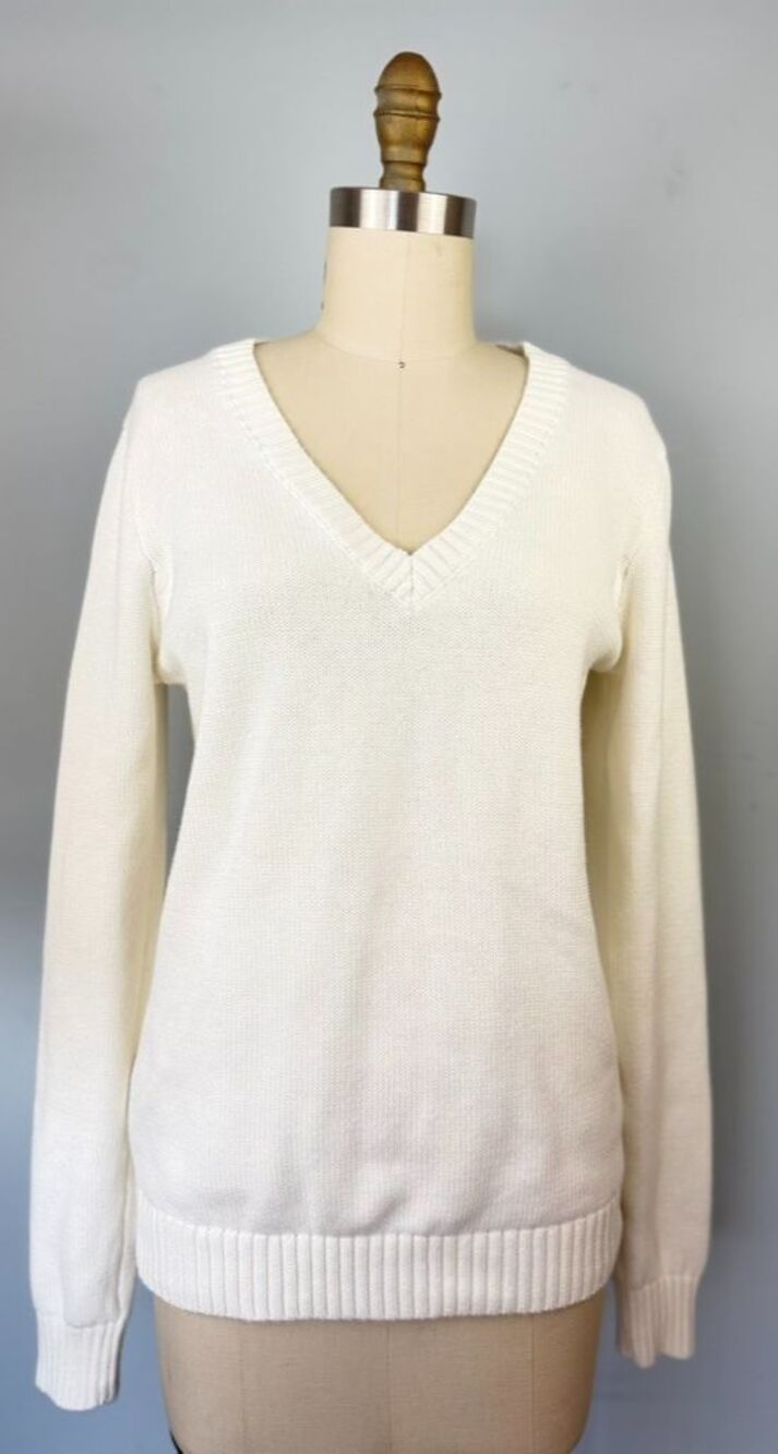 Brandy Melleville White V-Neck Preppy Coastal Grandma Fisherman Sweater OS